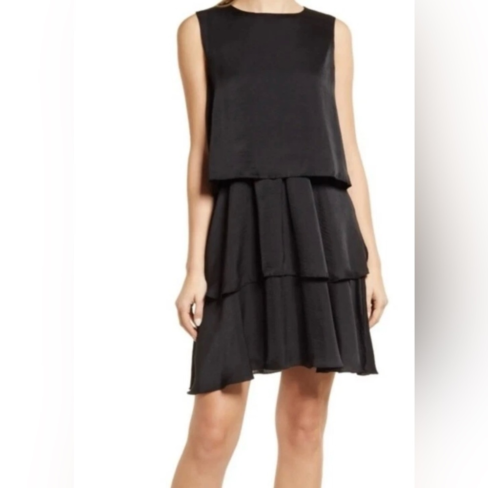 Sam‎ Edelman Black Satin Sleeveless Tiered Ruffled Shift Minidress Size 2